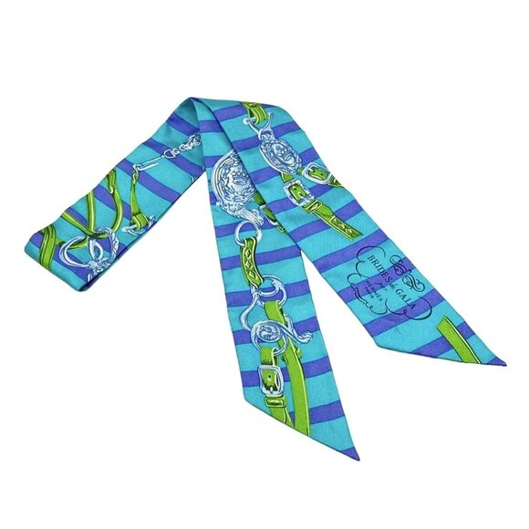 HERMES Twilly - Blue Green Navy Multi Scarf 158-072225 - Picture 1 of 4